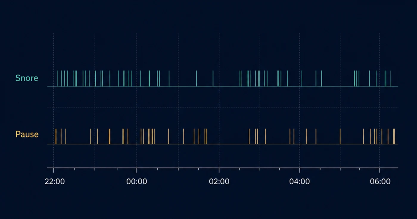 Illustrative timeline of one night, 22:00 to 06:00, with two rows of event markers — snore episodes and breathing pauses.
